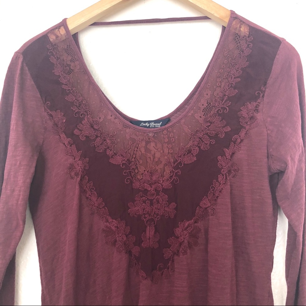 Lucky Brand Maroon Embroidered Mesh Detail Blouse - Picture 3 of 6